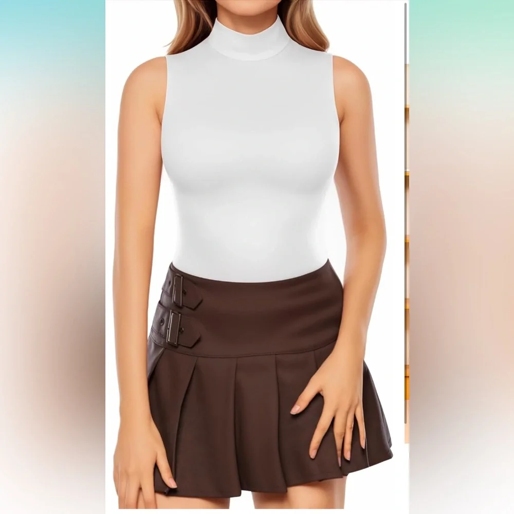 White Bodysuit Mock Turtle Neck Sleeveless Jumpsuit - Picture 3 of 6